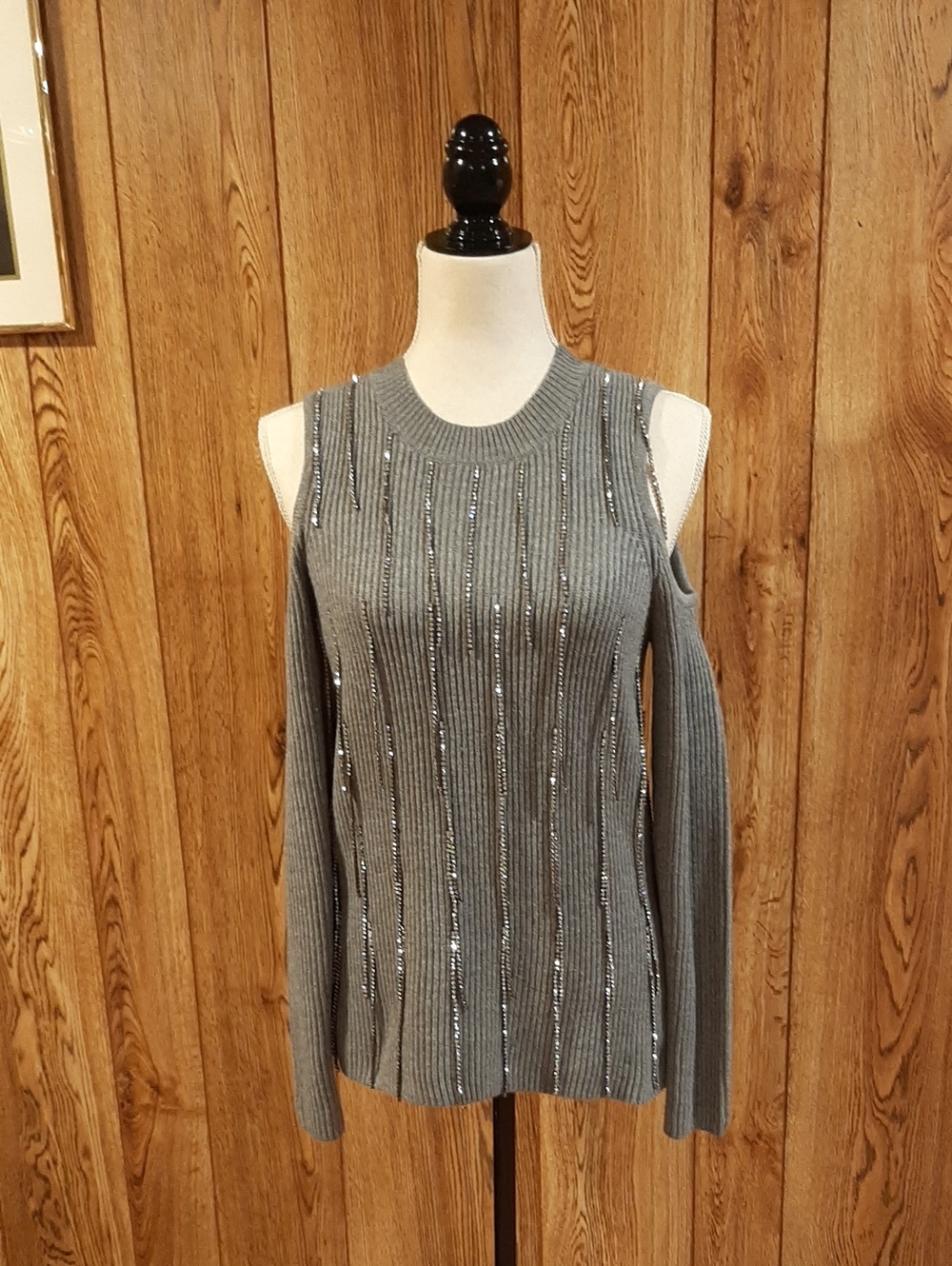NWOT Boston Proper Grey Sequin Cold-Shoulder Sweater/Long-Sleeve (S)
